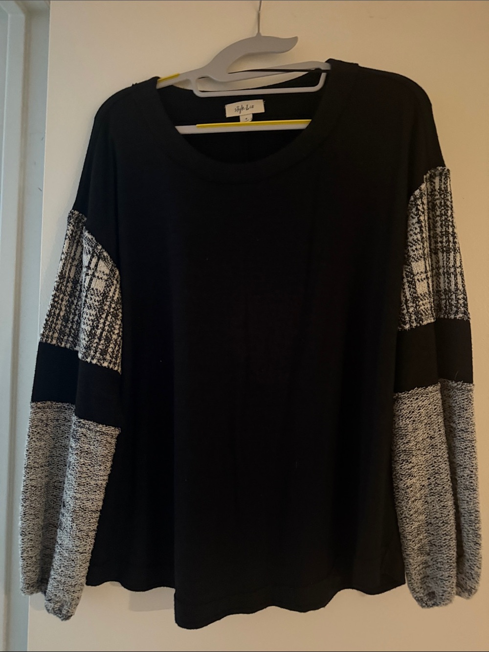 Style & Co. Black Sweater with Gray Patterned Sleeve Panels